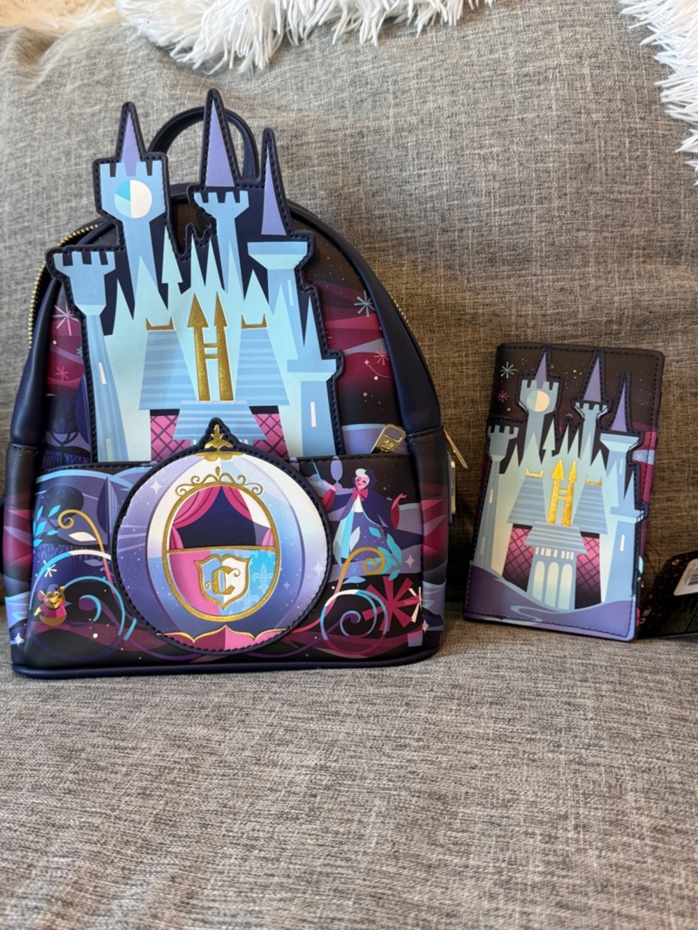 Loungefly Castle & Carriage Mini Backpack and Card Wallet - Blue/Purple/Black